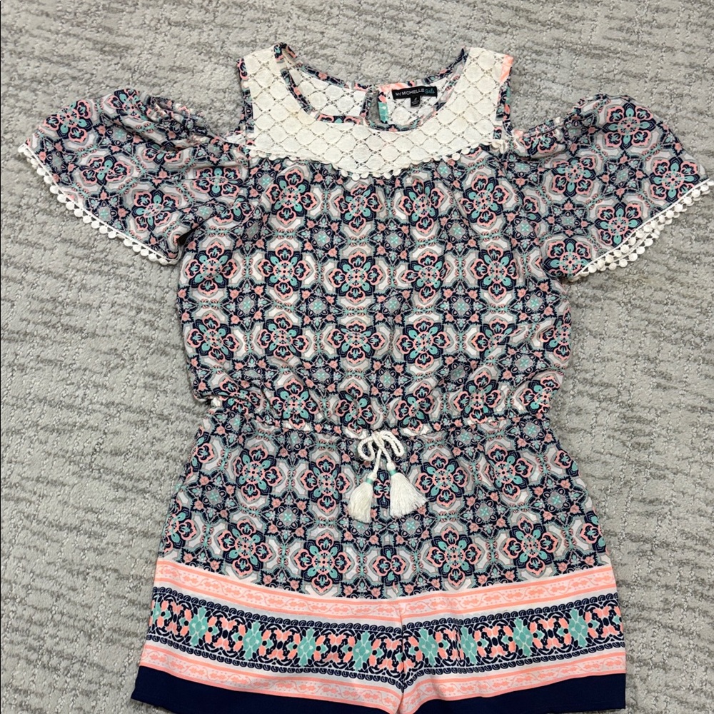 My Michelle Cream Lace Top with Navy & Coral Trim